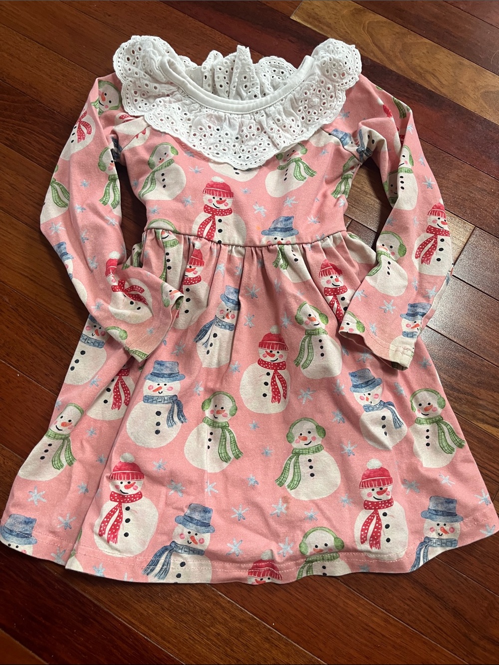 cheeky plum Pink Snowman Print Dress with Eyelet Collar